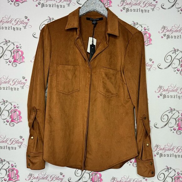 le chateau Tops - Le chateau button down blouse suede style feel fabric camel caramel brown luxe